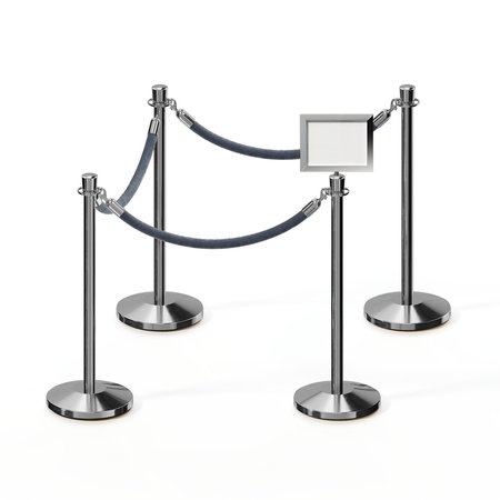 MONTOUR LINE Stanchion Post & Rope Kit Pol.Steel, 4CrownTop 3Gray Rope 8.5x11H Sign C-Kit-3-PS-CN-1-Tapped-1-8511-H-3-PVR-GY-PS